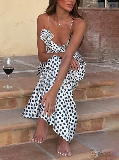 Fantasy Polka Dot Print Graceful Guipure Ruffled Suspender Maxi Dress