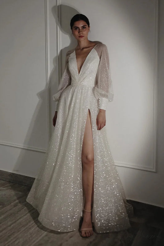 Farrah Sparkly Long Trendy Sleeve Maxi Dress Ivory / 2