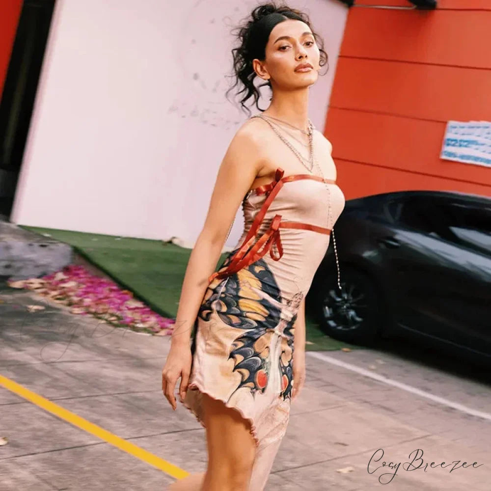 Fashion Butterfly Print Sexy Strapless Mini Dress