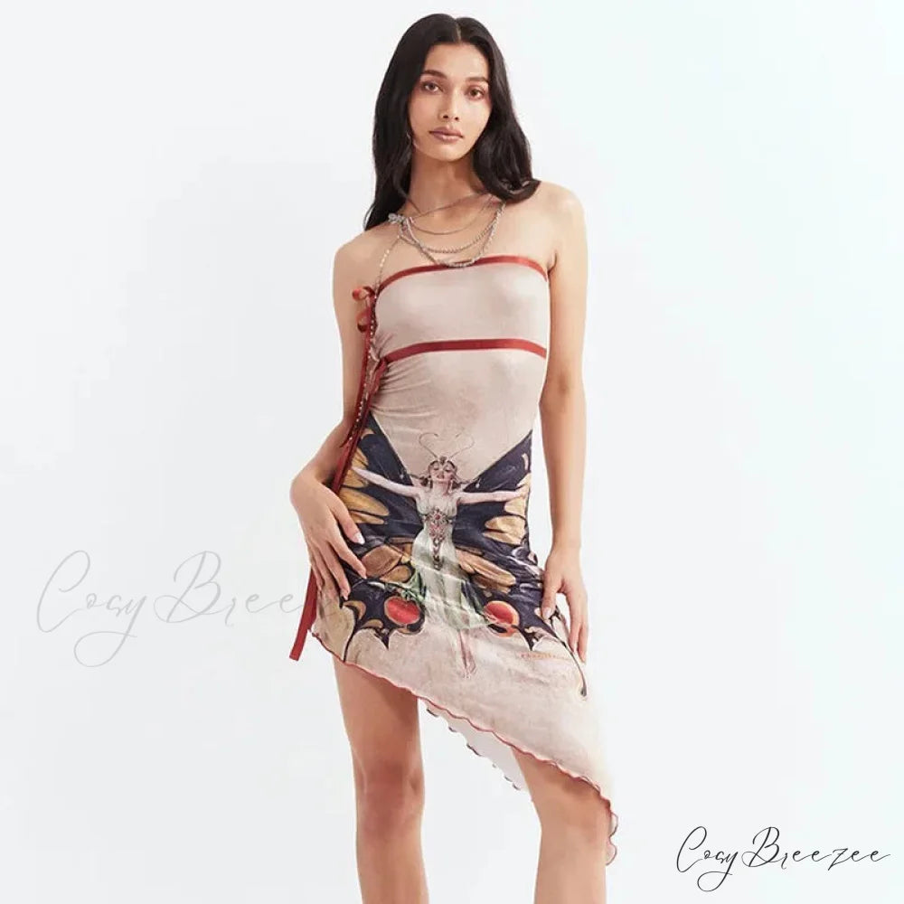Fashion Butterfly Print Sexy Strapless Mini Dress