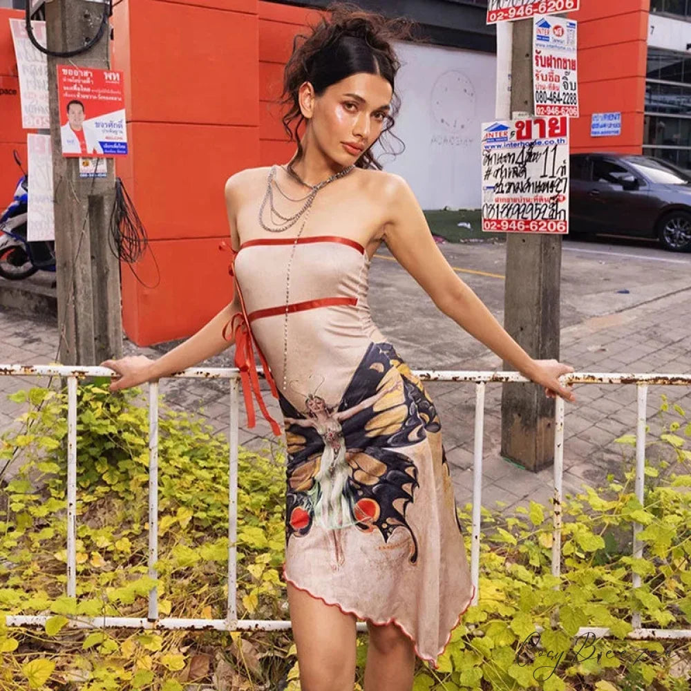Fashion Butterfly Print Sexy Strapless Mini Dress Apricot / S