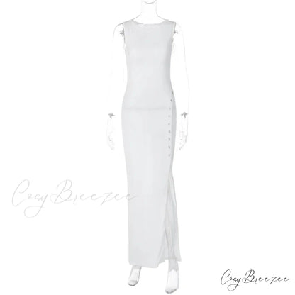 Fashion Button Knitted Sleeveless Slit Summer Elegant Solid Vestido Midi Dress