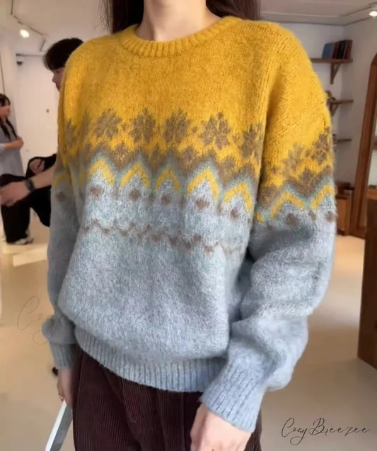 Fashion Casual Print Long Sleeve Sweater Yellow / One Size swraters-241228