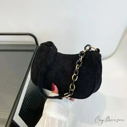 Fashion Corduroy Zipper Underarm Bag Black shoulder-250126