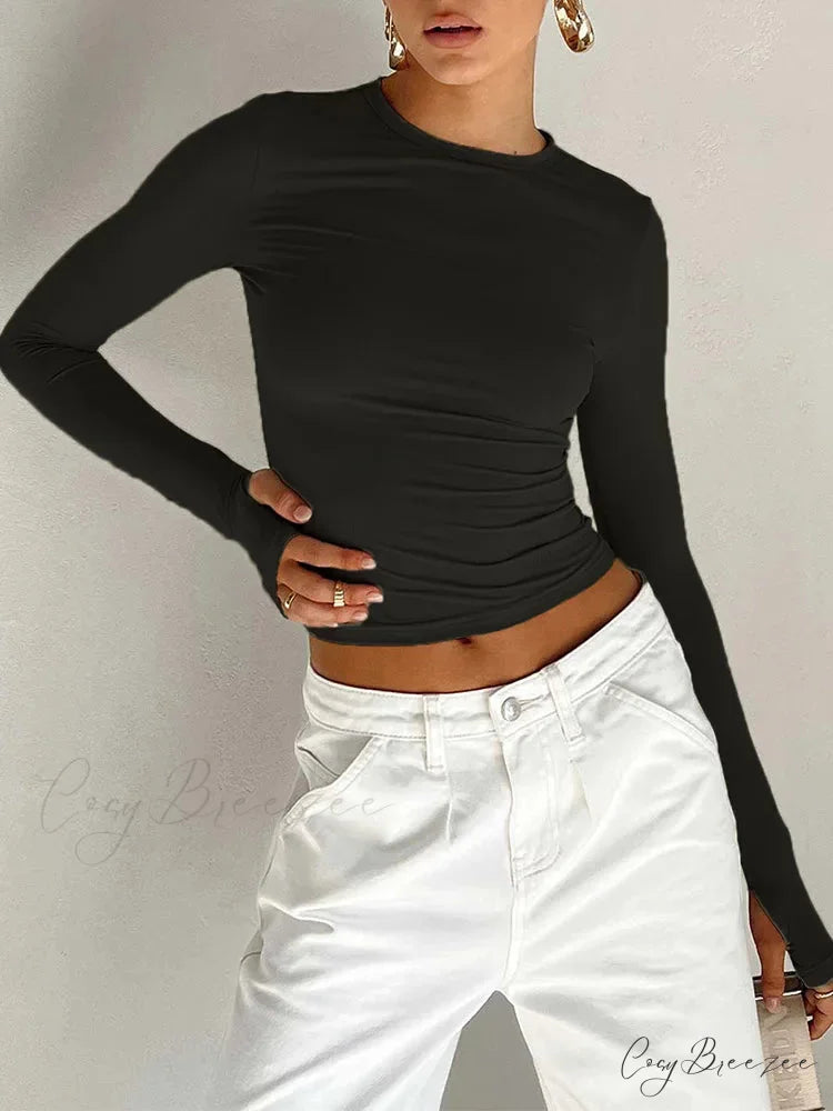 Fashion Crew Neck Slim Fit Long Sleeve Knit Top with Thumb Holes Black / S knittop-250126