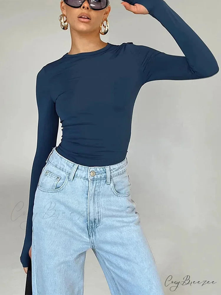 Fashion Crew Neck Slim Fit Long Sleeve Knit Top with Thumb Holes Blue / S knittop-250126