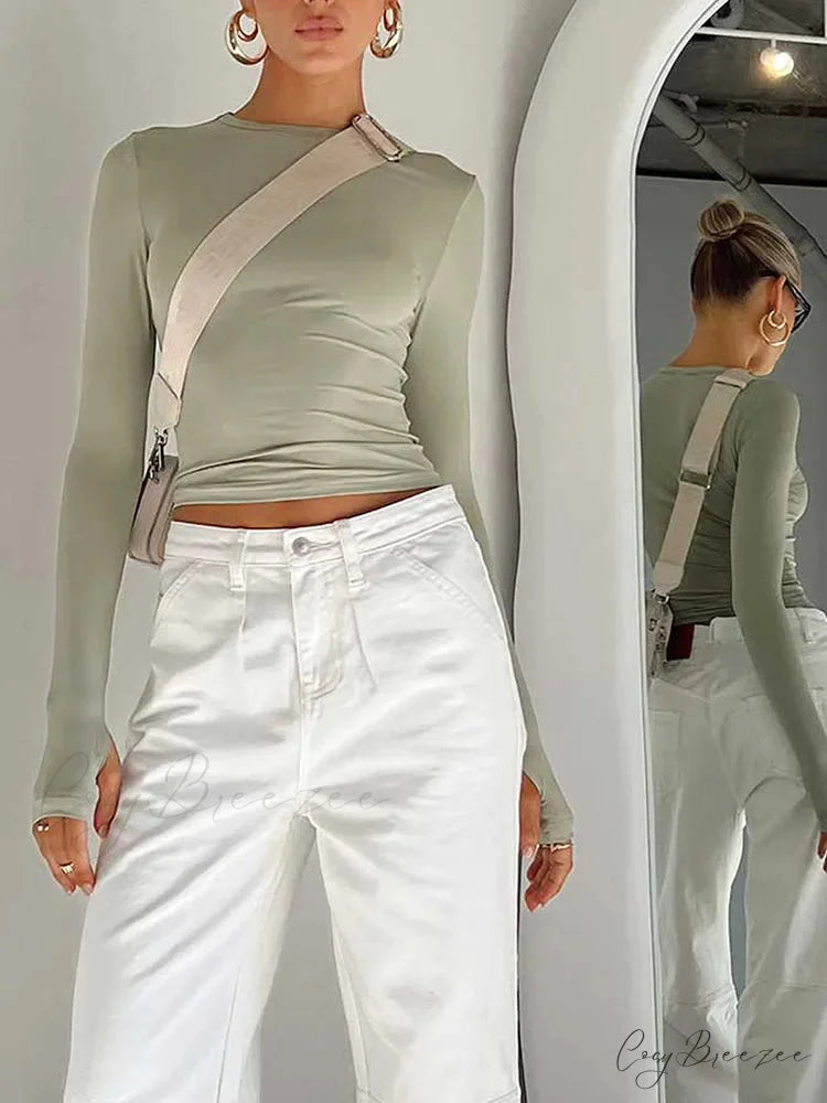 Fashion Crew Neck Slim Fit Long Sleeve Knit Top with Thumb Holes knittop-250126