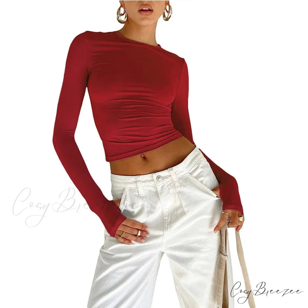 Fashion Crew Neck Slim Fit Long Sleeve Knit Top with Thumb Holes Red / S knittop-250126