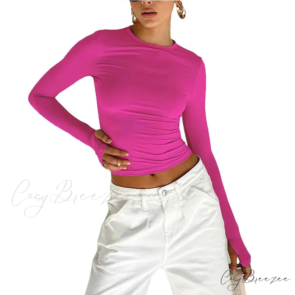 Fashion Crew Neck Slim Fit Long Sleeve Knit Top with Thumb Holes Rose Red / S knittop-250126