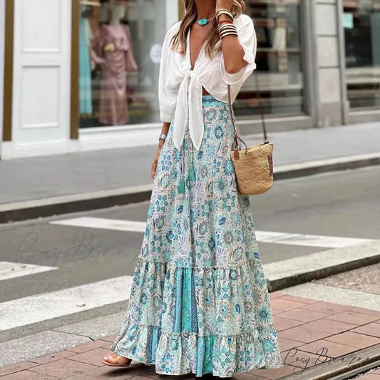 Fashion Floral Folds Bohemian Elastic High Waist Skirt skirt-250126