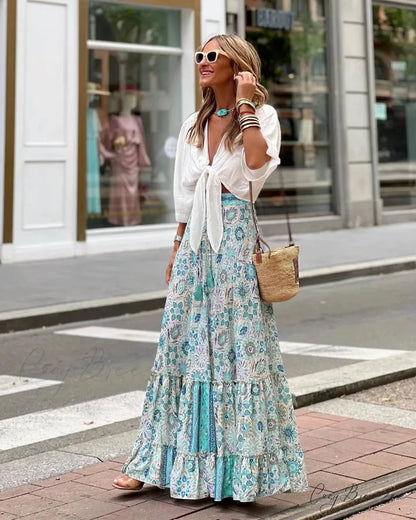 Fashion Floral Folds Bohemian Elastic High Waist Skirt LIGHT GREEN / S skirt-250126