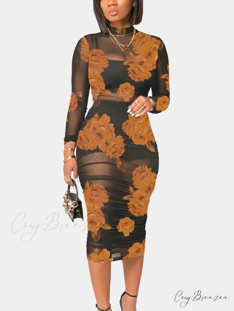 Fashion Floral Mesh Mid Length Sexy Party Dress Khaki / S oldfloraldress-250126