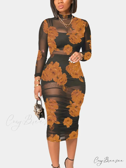Fashion Floral Mesh Mid Length Sexy Party Dress Khaki / S oldfloraldress-250126