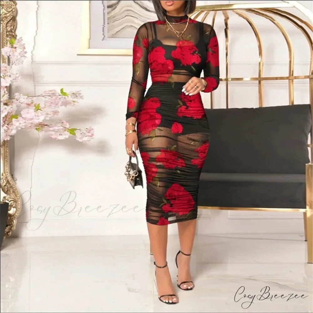 Fashion Floral Mesh Mid Length Sexy Party Dress oldfloraldress-250126