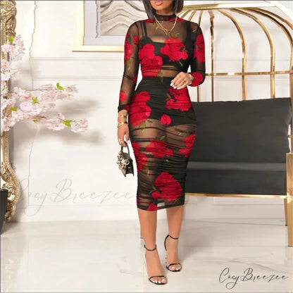 Fashion Floral Mesh Mid Length Sexy Party Dress oldfloraldress-250126