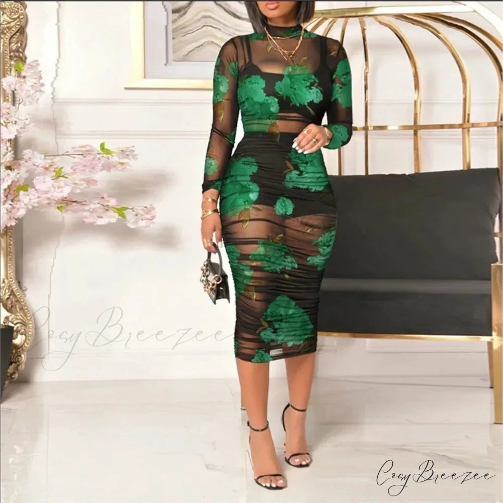 Fashion Floral Mesh Mid Length Sexy Party Dress oldfloraldress-250126