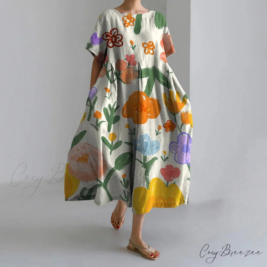 Fashion Floral Printed Short Sleeve Dinner Dress yellow1 / S oldfloraldress-250126