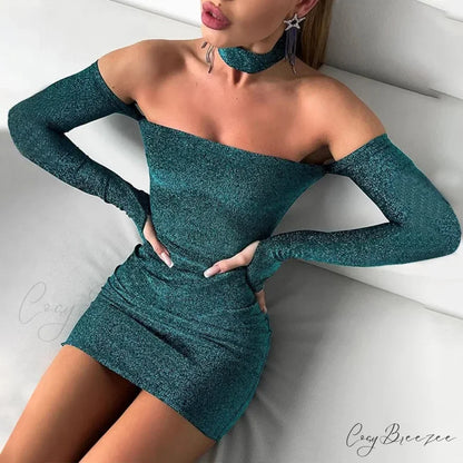 Fashion Glitter Off Shoulder Mini Dress Green / S
