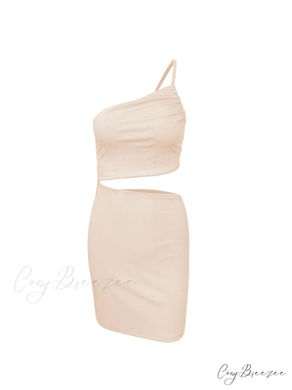 Fashion Hollow Out Side Bra One Shoulder Drawstring Bodycon Mini Dress APRICOT / S