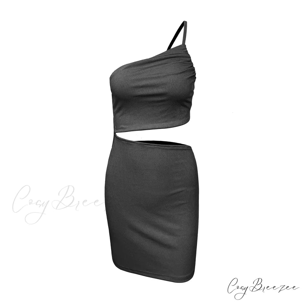 Fashion Hollow Out Side Bra One Shoulder Drawstring Bodycon Mini Dress Black / S