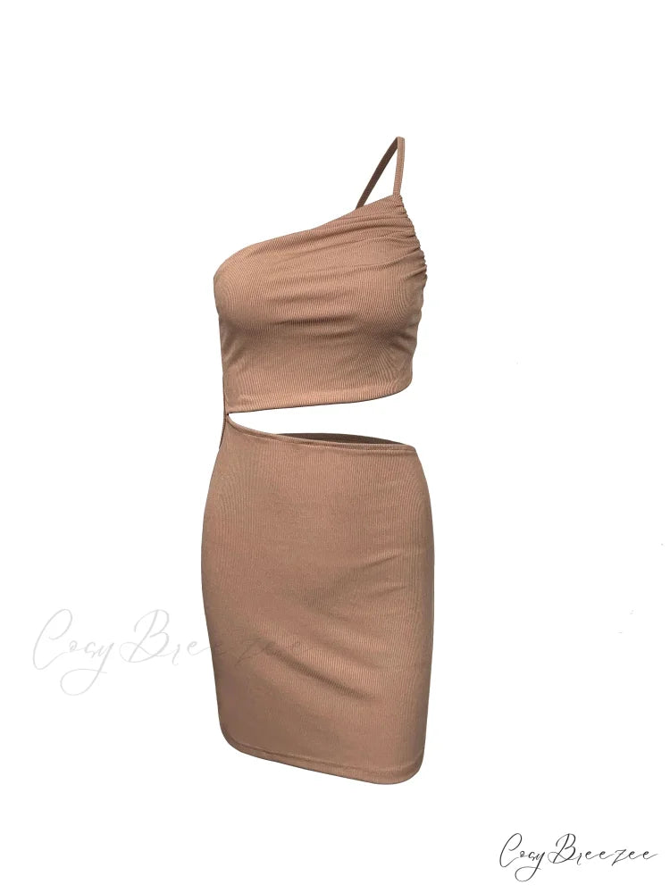Fashion Hollow Out Side Bra One Shoulder Drawstring Bodycon Mini Dress Brown / S