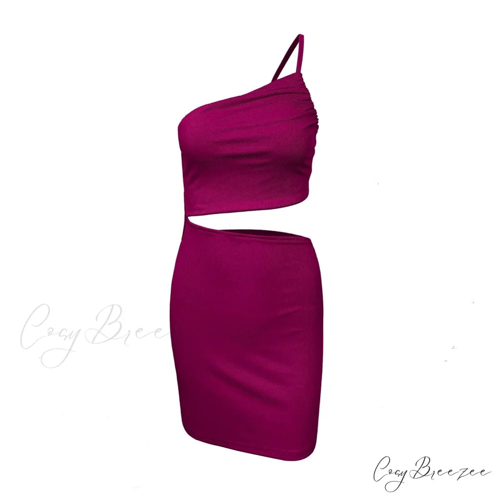 Fashion Hollow Out Side Bra One Shoulder Drawstring Bodycon Mini Dress Claret / S