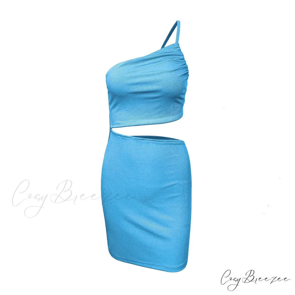 Fashion Hollow Out Side Bra One Shoulder Drawstring Bodycon Mini Dress Light Blue / S