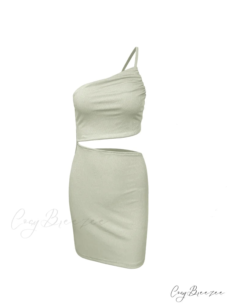 Fashion Hollow Out Side Bra One Shoulder Drawstring Bodycon Mini Dress Light Green / S