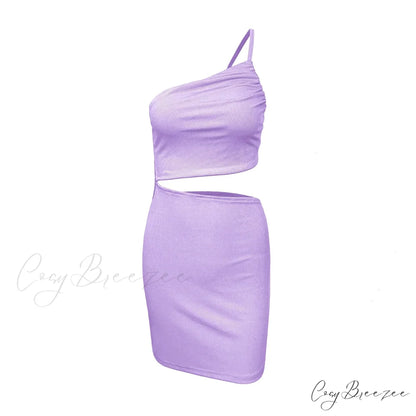 Fashion Hollow Out Side Bra One Shoulder Drawstring Bodycon Mini Dress Light Purple / S