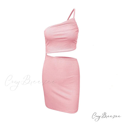 Fashion Hollow Out Side Bra One Shoulder Drawstring Bodycon Mini Dress Pink / S