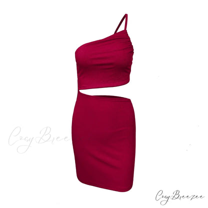 Fashion Hollow Out Side Bra One Shoulder Drawstring Bodycon Mini Dress Red / S