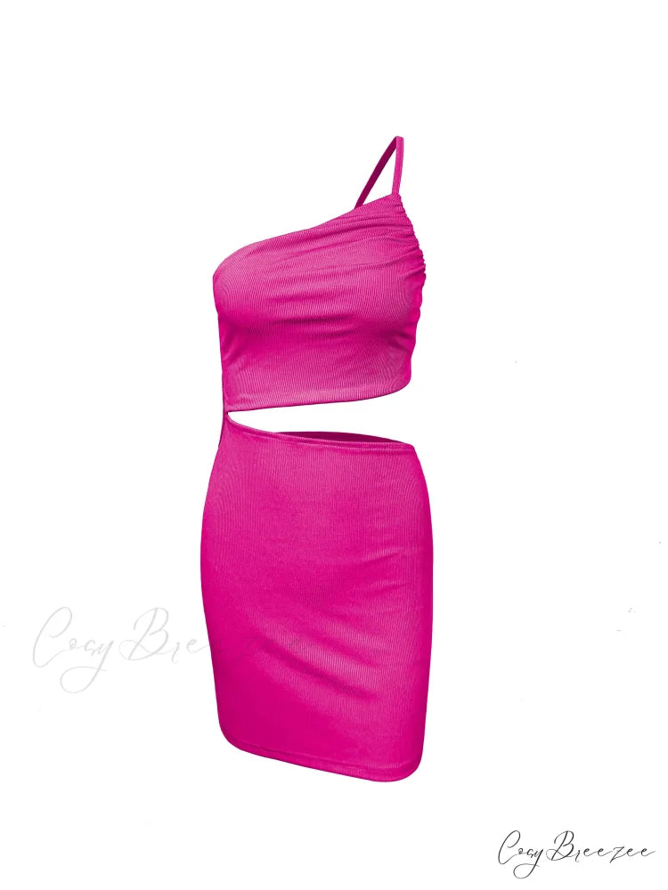 Fashion Hollow Out Side Bra One Shoulder Drawstring Bodycon Mini Dress Rose Red / S