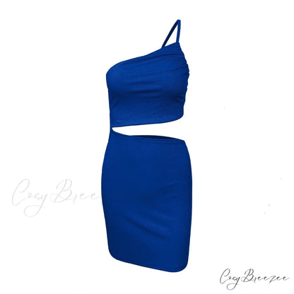 Fashion Hollow Out Side Bra One Shoulder Drawstring Bodycon Mini Dress Sapphire Blue / S