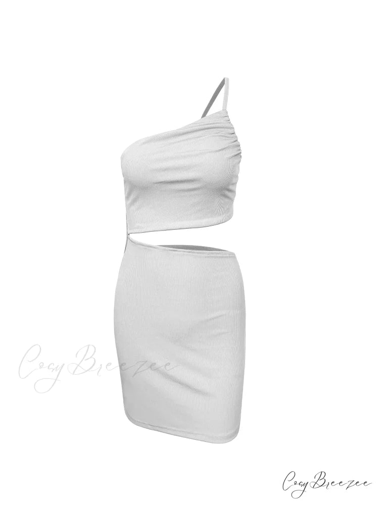 Fashion Hollow Out Side Bra One Shoulder Drawstring Bodycon Mini Dress WHITE / S