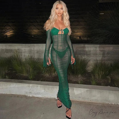 Fashion Mesh See Through Tie Front Maxi Dress