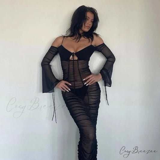 Fashion Mesh See Through Tie Front Maxi Dress Black / S