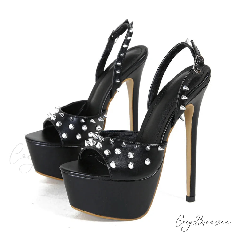 Fashion Metal-Rivet Back-Buckle Platform Sandals Sexy Peep-Toe Stripper Wedding Banquet High Heel Black / 35