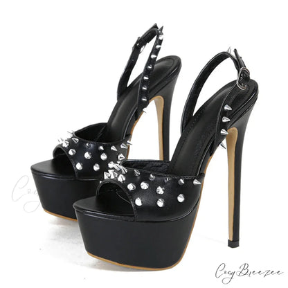 Fashion Metal-Rivet Back-Buckle Platform Sandals Sexy Peep-Toe Stripper Wedding Banquet High Heel Black / 35