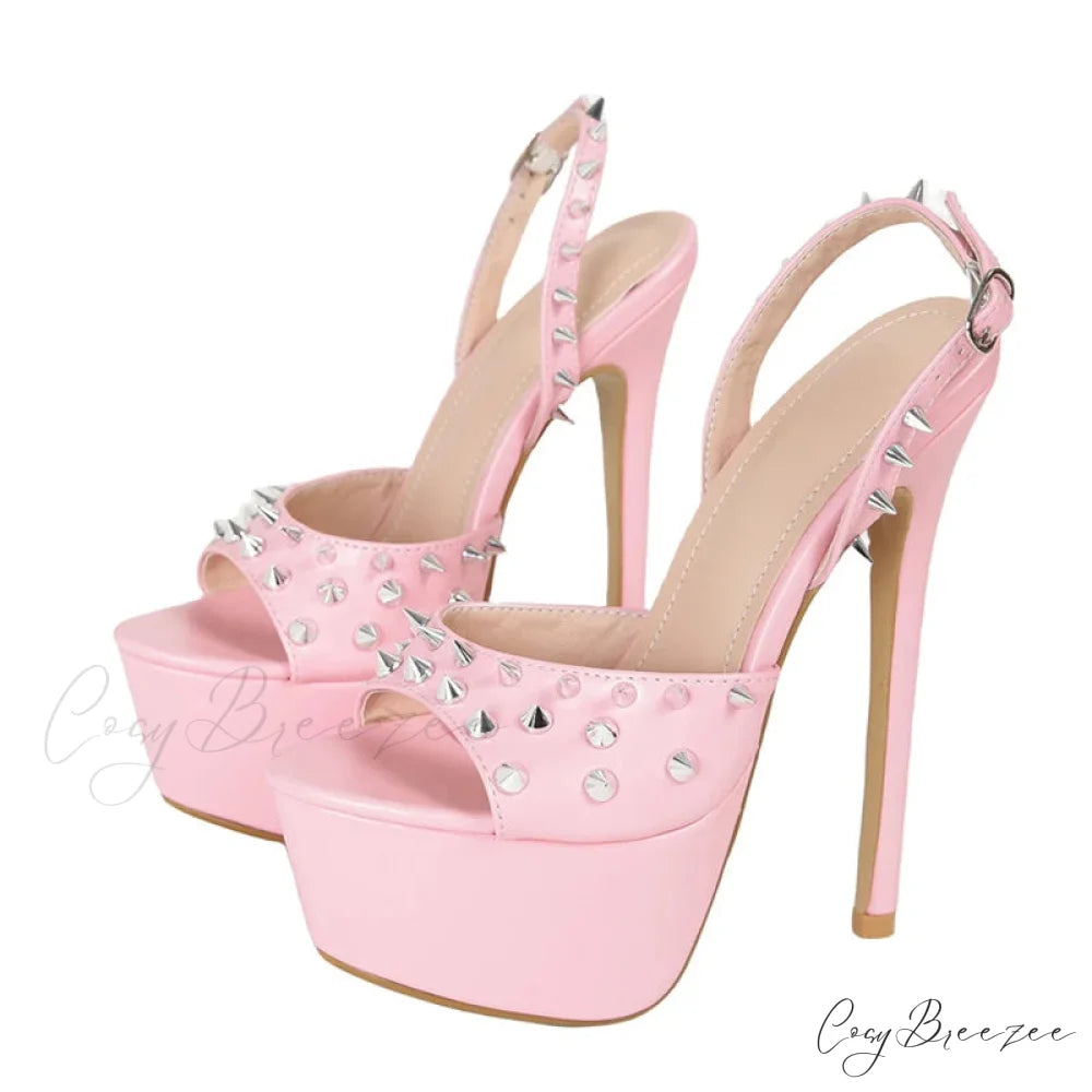 Fashion Metal-Rivet Back-Buckle Platform Sandals Sexy Peep-Toe Stripper Wedding Banquet High Heel Pink / 35