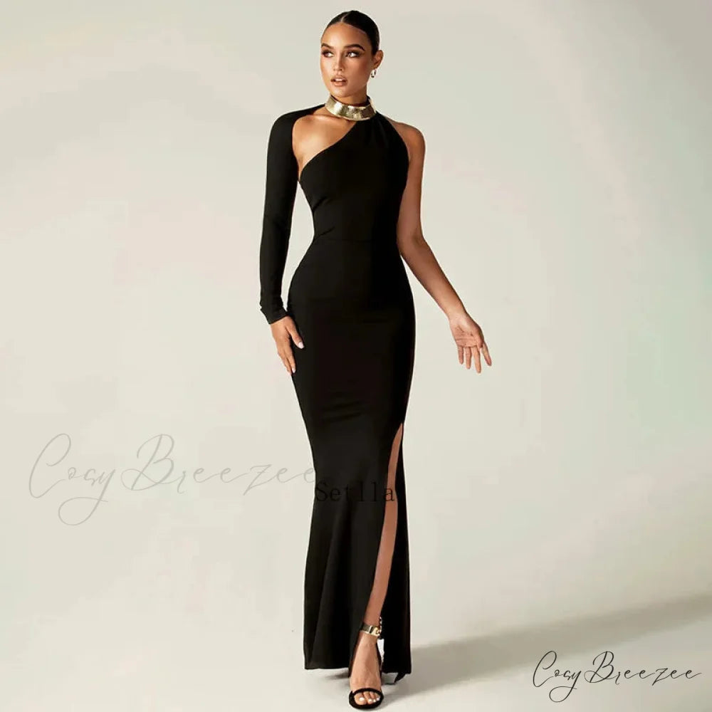 Fashion One Shoulder Split Long Sleeve Vestido Gown Maxi Dress