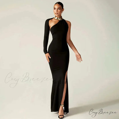 Fashion One Shoulder Split Long Sleeve Vestido Gown Maxi Dress