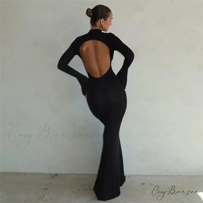 Fashion Open Back Maxi Dress Black / S