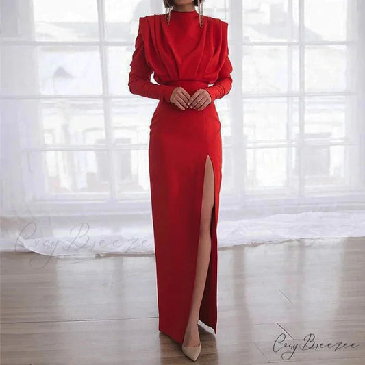 Fashion Pleated High Split Long Sleeve Maxi Dress Red / XS