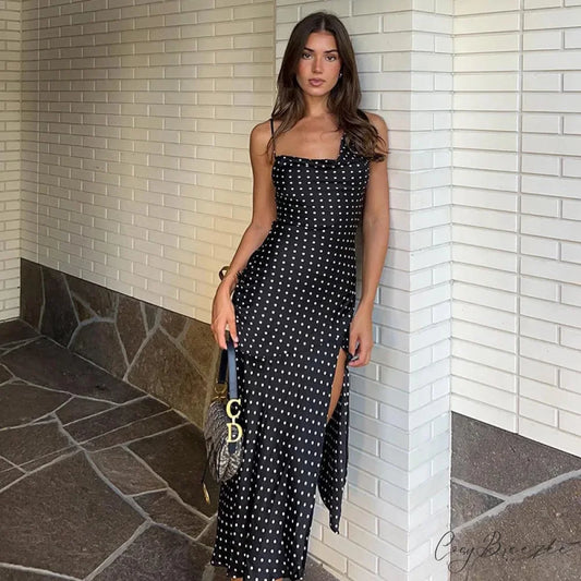 Fashion Polka Dots Draped Sexy Backless Maxi Dress Black / S