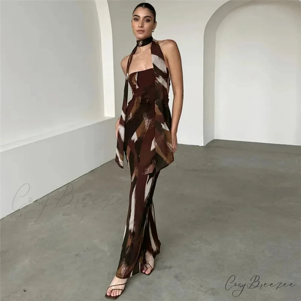 Fashion Print Maxi Dress Brown / S