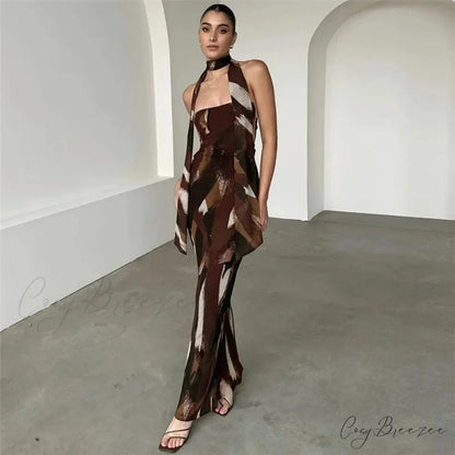 Fashion Print Maxi Dress Brown / S