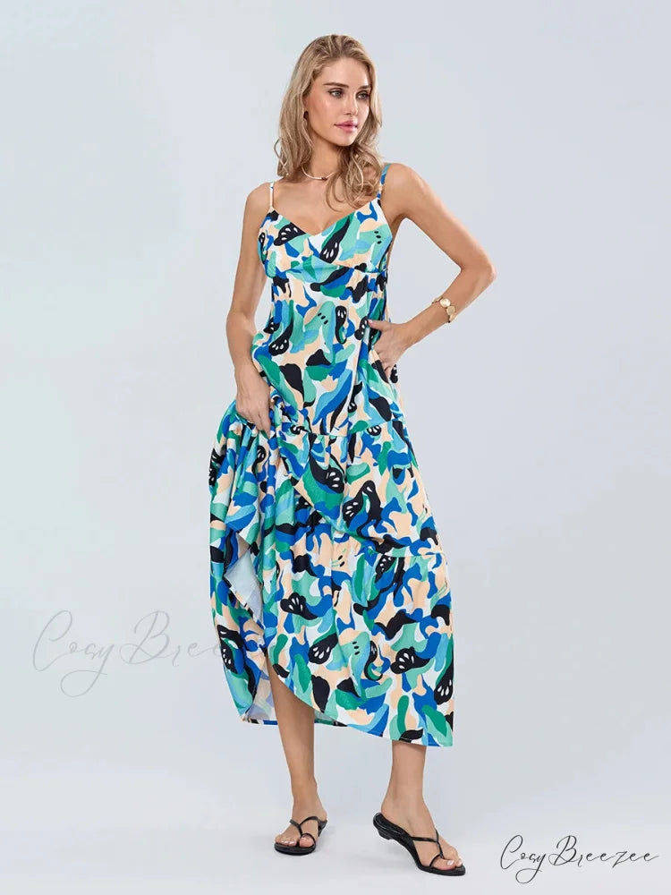 Fashion Print Spaghetti Strap Sweetheart Cami Dress floraldress-250126