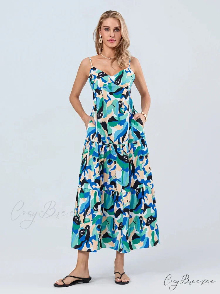 Fashion Print Spaghetti Strap Sweetheart Cami Dress floraldress-250126
