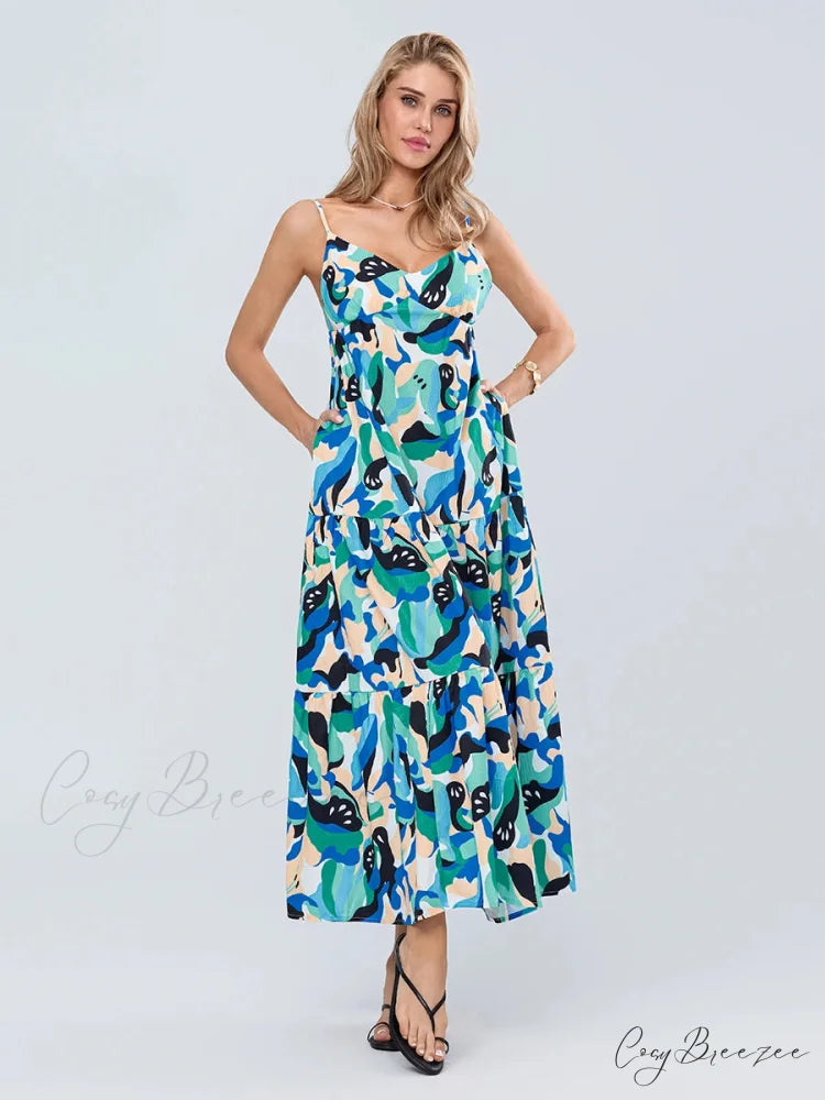Fashion Print Spaghetti Strap Sweetheart Cami Dress floraldress-250126