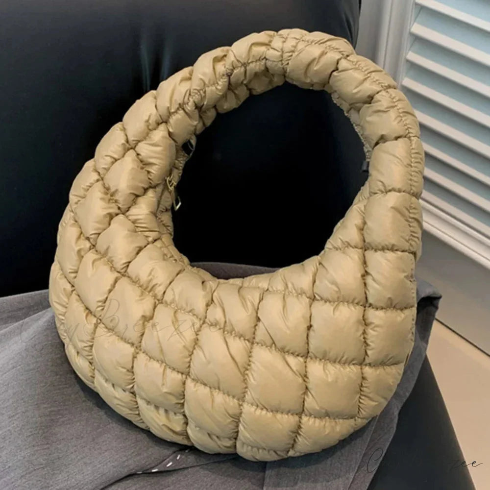 Fashion Quilted Puffer Pleated Shoulder Handbag Khaki handbag-250126